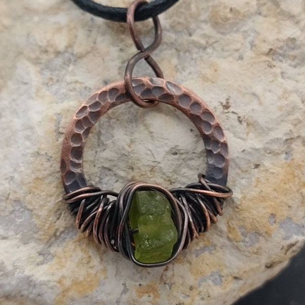 Raw Peridot Pendant, Copper Pendant, Unisex Pendant, Wire Wrapped Pendant, August Birthstone, August Gift, Raw peridot, Raw Gemstone