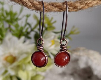 Carnelian Earrings, July Birthstone, July Gift, Carnelian, Birthstone Earrings, Gemstone Earrings, Wire Wrapped Earrings, Oxidised Copper