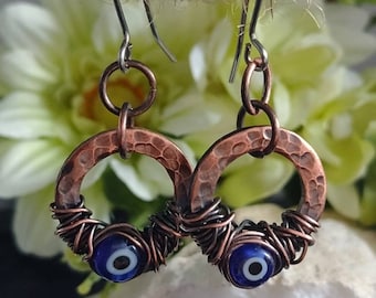 Copper Evil Eye Earrings: Wire Wrapped Protection Amulet