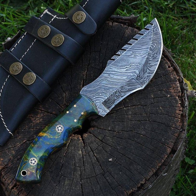 Custom handmade damascus tracker knife with leather sheath Etsy