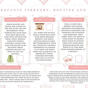May include: A pink and white printable planner with the text "A Very Brocante February: Routine and Ritual" and daily prompts for each day of the month. The planner includes illustrations of a pair of shoes, a dress, a fireplace, a sleep mask, a teapot, and a plant.