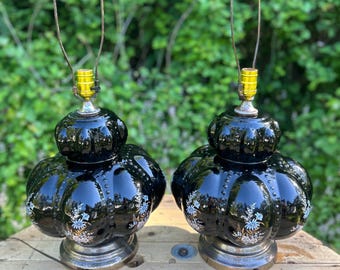 Lámpara vintage Carl Falkenstein MCM Hollywood Regency de cristal con burbujas, color negro (par)