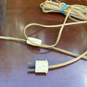 Puede incluir: Primer plano de un cable el&eacute;ctrico blanco con un enchufe y un interruptor en l&iacute;nea. El cable est&aacute; enrollado y sobre una superficie de madera marr&oacute;n oscura.