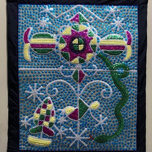 Vévé Dream (Dhamballah, Erzulie, & Legba around the Poteau-Mitan) Haitian Vodou/Voodoo Flag