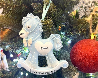 Personalised Baby’s First Christmas Boy Blue Ornament, Handmade Customised Baby Boy Rocking Horse Christmas Tree Decoration Ornament