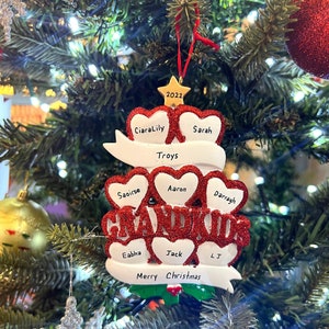 Personalised Grandkids Hearts Family of 8 Christmas Ornament, Handmade Grandparents Grandchildrens Bauble, Customised Xmas Tree Decoration