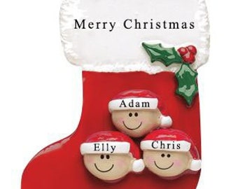 Personalised Red Stocking Family of 3 Christmas Ornament, Handmade Customised Red Stocking Family Bauble, Christmas Tree Decoration