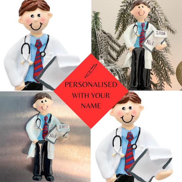 Spersonalizowana ozdoba świąteczna z wizerunkiem lekarza, spersonalizowana ozdoba choinkowa z wizerunkiem lekarza, spersonalizowany magnes z imieniem i wiadomością
