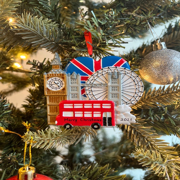 Personalised London Red Bus Christmas Ornament, Customised London Landmark Big Ben London Eye Tower Bridge Bauble, Christmas Tree Decoration