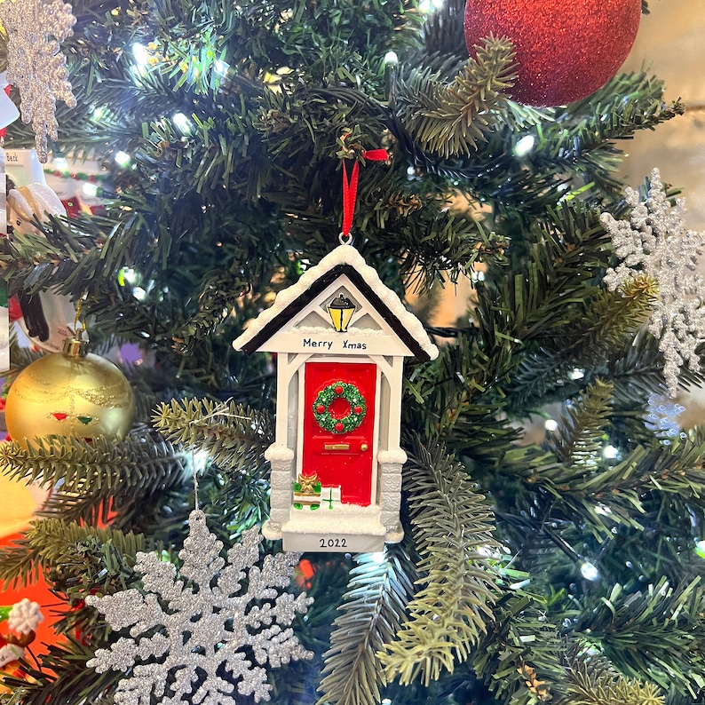 Personalised Red House Christmas Ornament, Handmade Customised First Home Ornament, Christmas Tree New Home Red Door Tree Decoration image 6