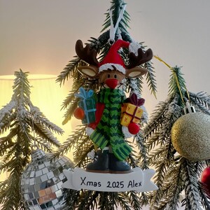 Personalised Rudolph Reindeer with Presents Christmas Tree Decoration Ornament 2025, Customised Rodolph Red Nose Christmas Xmas Decor