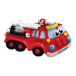 Personalised Red Fire Truck Toy Kids Christmas Tree Ornament, Customised Handmade Fire Truck Toy Tree Decoration Kids Ornament