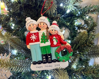 Personalised Ugly Sweater Family of 3 Christmas Ornament, Handmade Customised Family of 3 Sweater Xmas Bauble, Christmas Tree Decoration