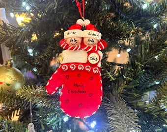 Personalised Red Mitten Couple Christmas Ornament, Handmade Customised Red Mitten Tree Ornament, Christmas Tree Decoration Couple Ornament