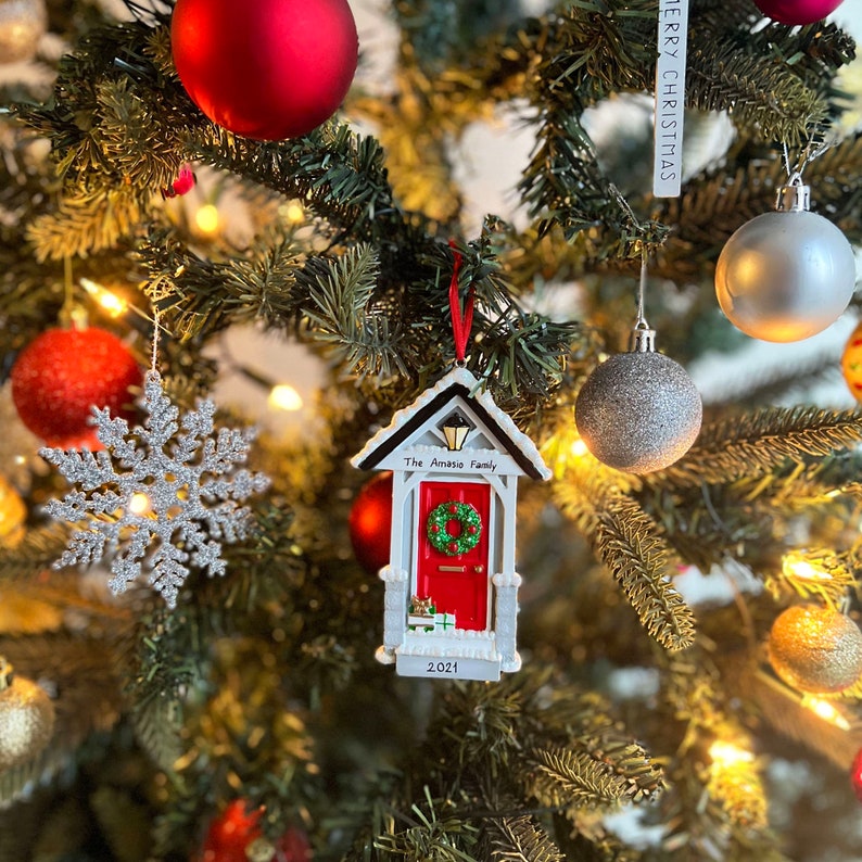 Personalised Red House Christmas Ornament, Handmade Customised First Home Ornament, Christmas Tree New Home Red Door Tree Decoration image 1