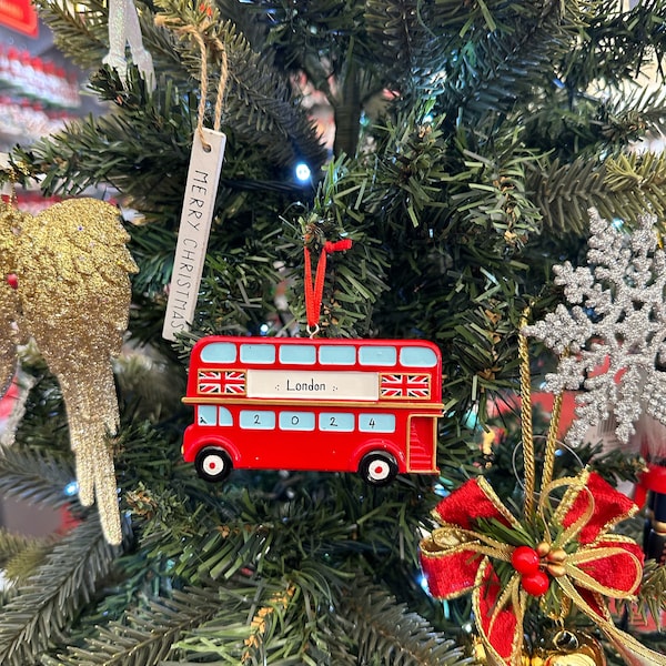 Personalised London Red Bus Christmas Ornament, Customised Red Bus London Ornament, Christmas Tree London Bus Tree Decoration