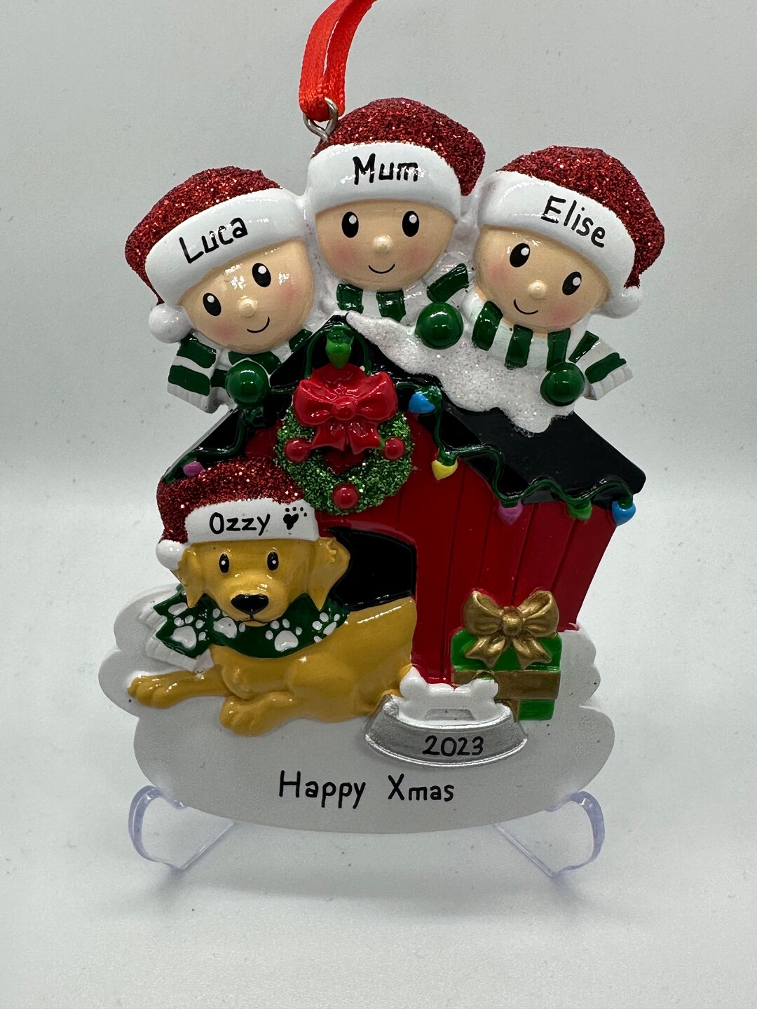 Personalised Family of 3 With A Dog Christmas Ornament, Handmade