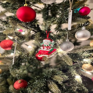 Personalised Baby’s First Christmas Baby on Sled Red Tree Ornament, Handmade Customised Baby’s 1st Christmas Tree Decoration Ornament