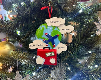 Personalised World Travellers Ornament, Customised Bucket List Trips Vacations Suitcase World Ornament, Christmas Tree Decoration Ornament