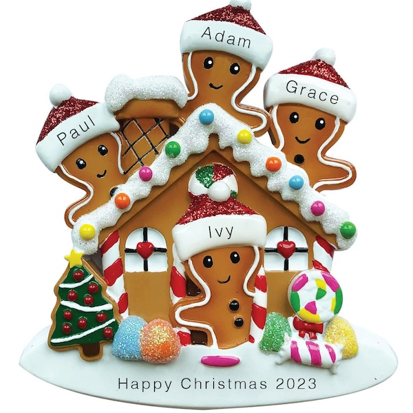 Personalised Gingerbread House Family Christmas Ornament, Customised Gingerbread House Family of 4 Ornament, Christmas Xmas Tree Decoration