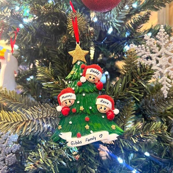 Famille personnalisée de 3 ornements d’arbre, arbre de Noël personnalisé fait à la main avec boule à 3 visages, ornement familial de décoration d’arbre de Noël