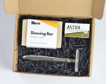 Unisex Plastic Free Shaving Kit | Double Edge Safety Razor, Shaving Soap and 5 Extra Razors | Eco-Friendly and Zero Waste gift for Him & Her