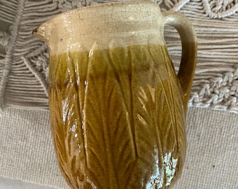 Antique Light Brown Glazed Pottery Pitcher - Crazed Stoneware