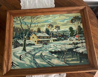 Vintage PBN Large Paint By Number Winter Scene with oak frame (no glass)