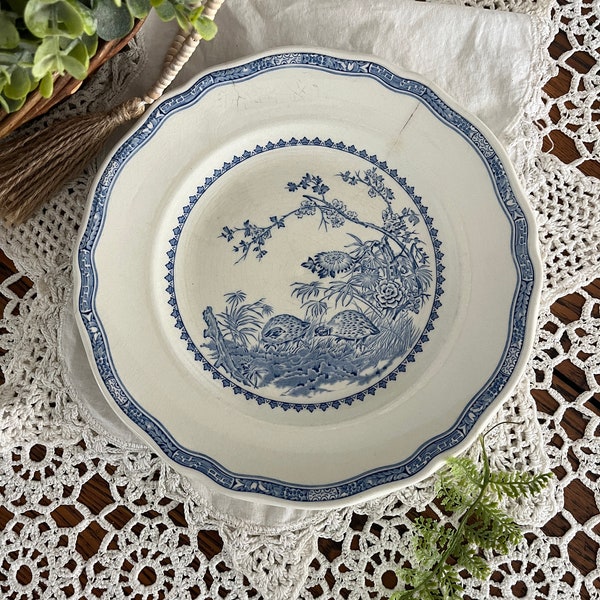 Antique Furnivals Nlue Quail Dinner plate - crazed and stained wall plate - blue transferware