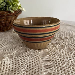 Antique Yellowware Mixing Bowl - 5” Prim Stoneware Bowl with blue and pink stripes