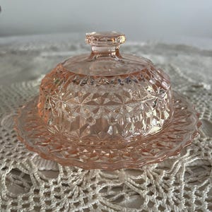 Antique Jeannette Glass Pink Depression Glass Button and Bows Holiday Pink Butter Dish