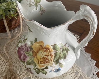 Antique Buffalo China pitcher - white pitcher with floral pattern