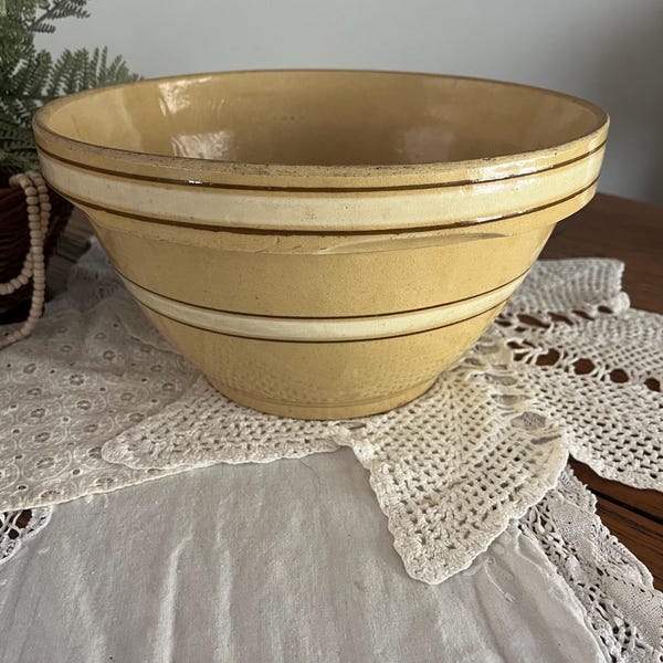 Large Antique Yellow ware Mixing Bowl - 11” Stoneware Bowl with Brown and White stripes