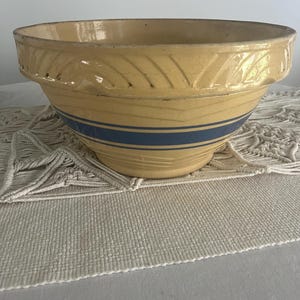 Antique Yellowware Mixing Bowl - Blue Striped  Stoneware bowl 11”