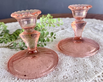 Antique Jeanette Glass Floral Poinsettia Pink Depression Glass Candlestick Holder Set (one is chipped on upper detail)