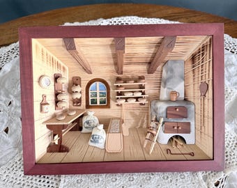 Vintage 3D German Wooden Shadow Box - Kitchen / Bakery Shop - Wooden Diorama Picture - Linde-Massiv