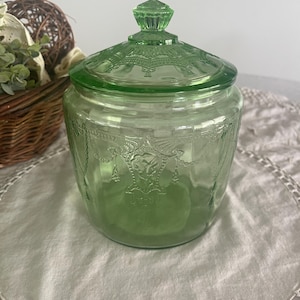 Antique Cameo Ballerina Cookie Jar - Lidded Green Depression Glass Jar