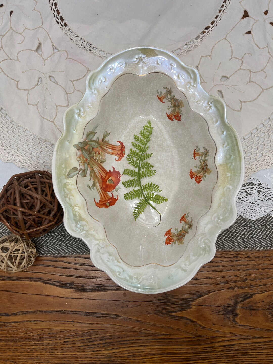 Lafrancaise Porcelain Decorative Bowl Heavily Crazed and Stained Floral Ironstone Bowl Etsy