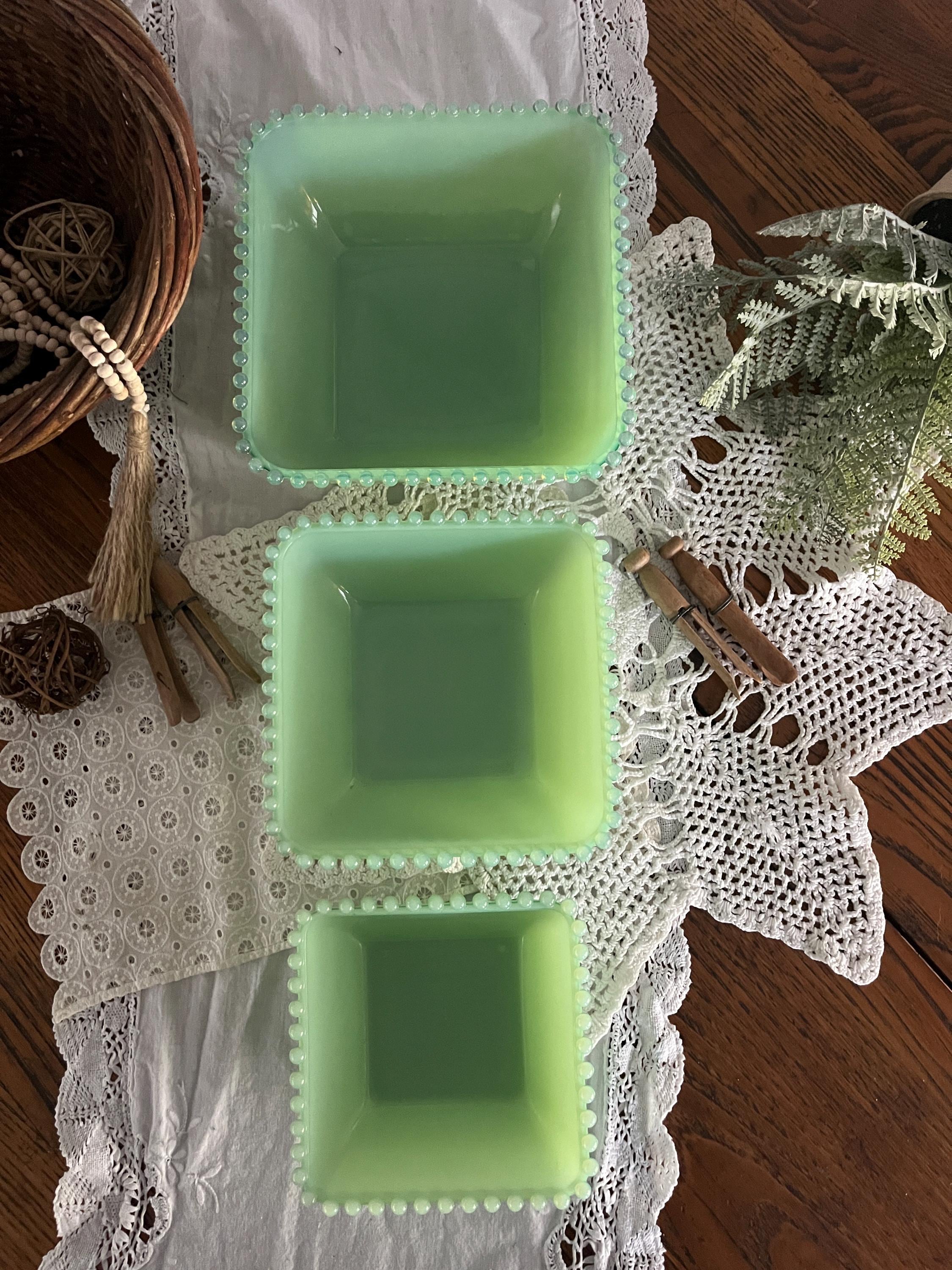 Antique RARE Jadeite Candlewick Square Nesting Bowls - 3 piece set - excellent condition- jadeite beaded nesting bowl set