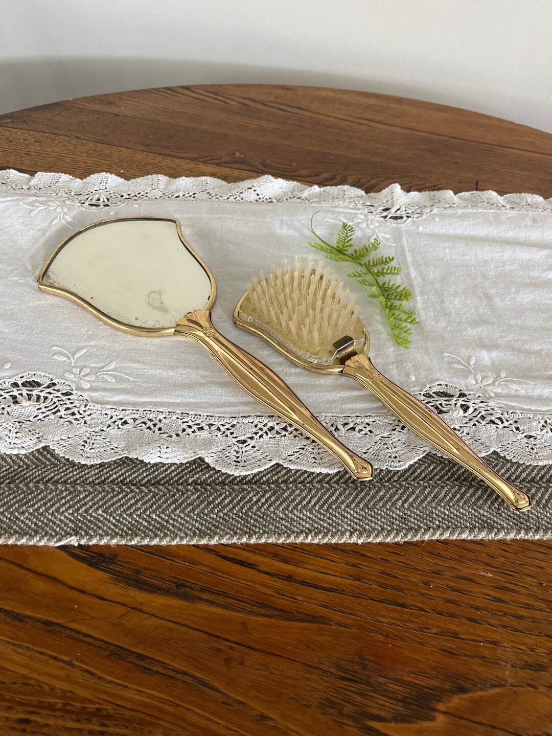 Vintage Hand Mirror and Brush Set Gold Tone Antique Hand Etsy