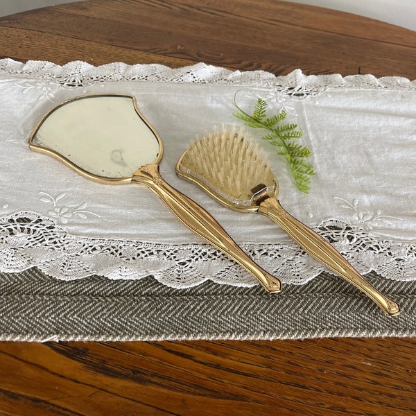 Vintage Hand Mirror and Brush Set - Gold tone Antique hand mirror set