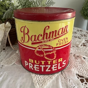 Antique Bachman 12 ounce Butter Pretzel Tin - Vintage Kitchen Tin Decor