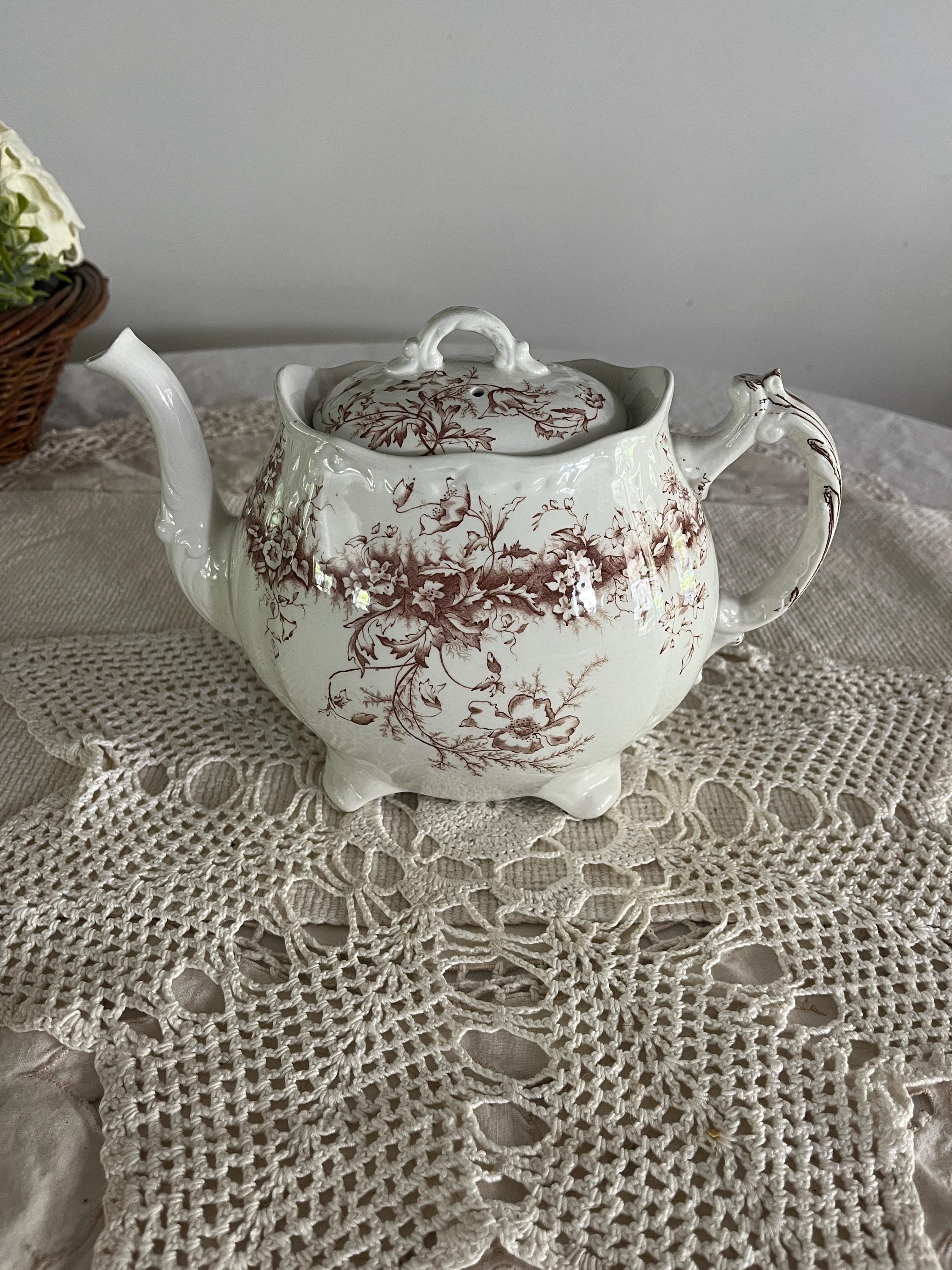 Antique Transferware Ironstone Teapot - Colonial Pottery Stoke England Decon Pattern Brown and White Transferware tea pot