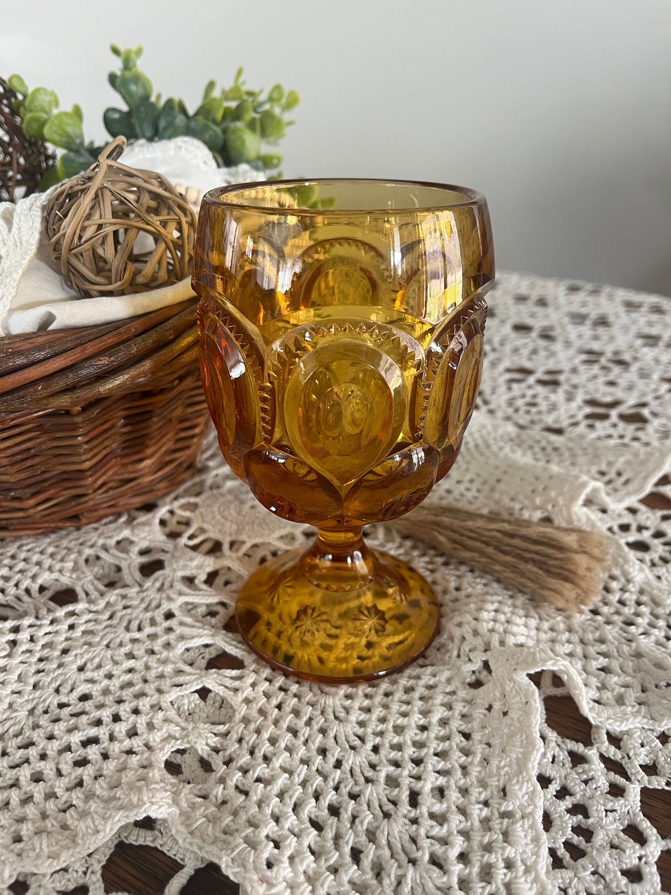 バーベキュー・調理用品 Vintage Amber Moon and Stars Goblets Vintage Amber Moon and Stars Water Goblets by LE Smith, Set