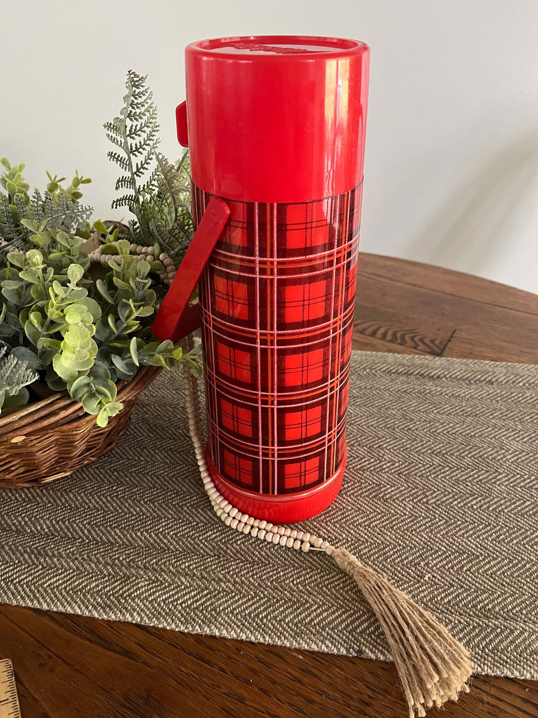 Vintage Red and Yellow Plaid 1-Pint Glass Thermos