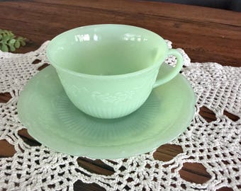 Antique Anchor Hocking Fire King Jadeite Cup and Saucer Alice Pattern Jadeite Teacup and saucer