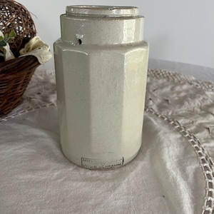 Antique Stoneware Jos. H. Schramm 10-sided quart crock stamped 1909 - Prim Salt Glazed Stoneware Crock