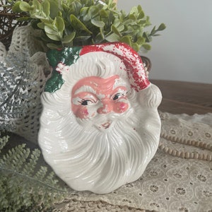 Antique Ceramic Santa Face Plaque - Retro Santa decor - vintage Santa face tray / wall hanging