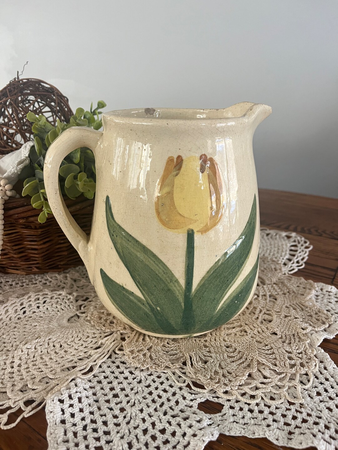 Antique Early Brush Mccoy Pottery Tulip Pitcher Chipped Stoneware
