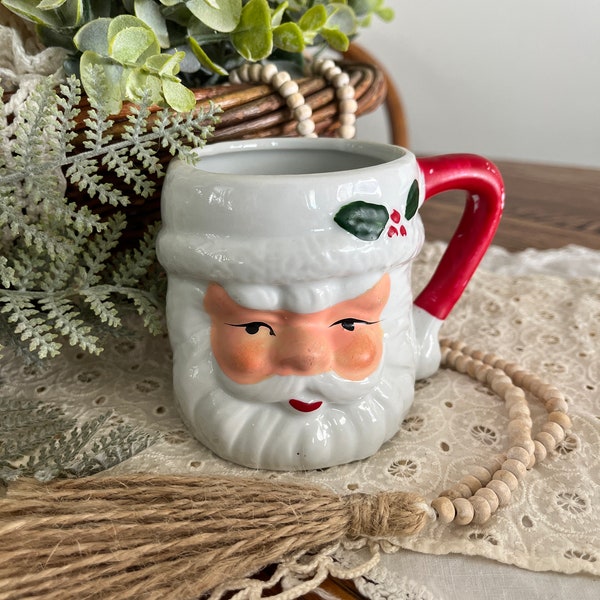 Antique Santa Mug - vintage Holly Berry painted face santa mug